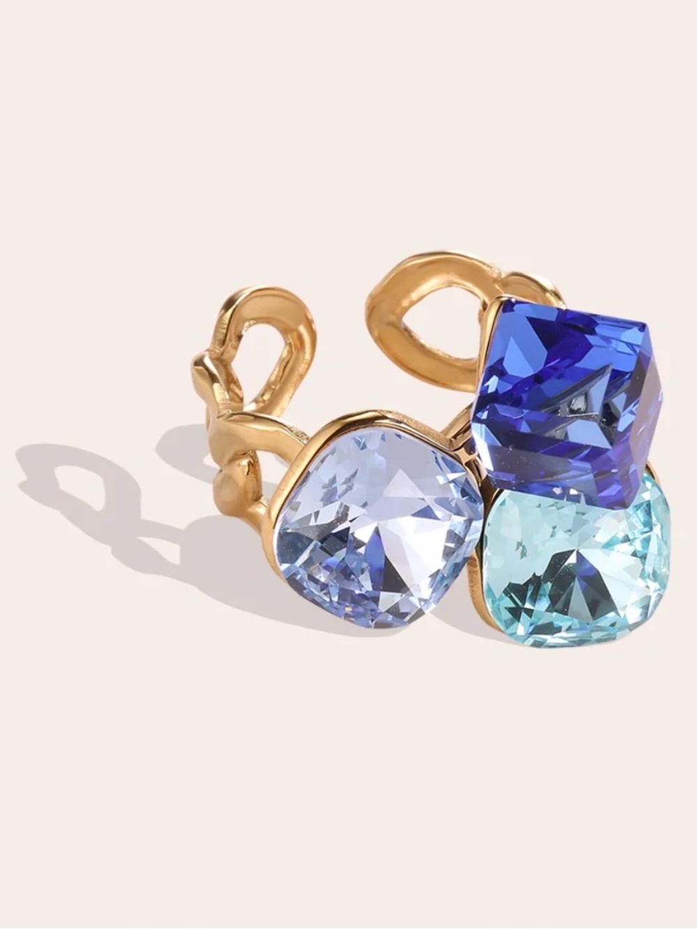 14K Gold Over Stainless Steel Blue Glass Crystal Cluster Ocean Glow Ring
